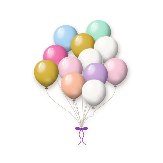 Helium balloon bunch in mixed colours tied with a purple ribbon